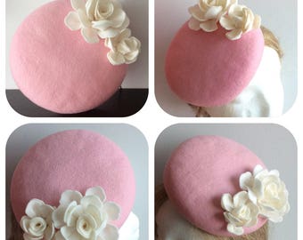 100% Merino Wool Pink Fascinator Hat - Off-white Roses hat, pillbox hat, round wool fascinator - Princess Diana Hat