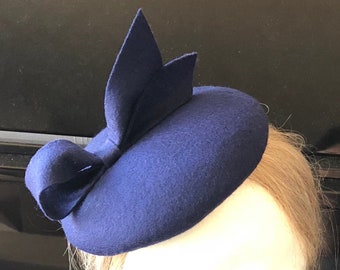 100% Merino Wool Fascinator Hat - Dark Blue Bow hat, pillbox hat, round wool fascinator