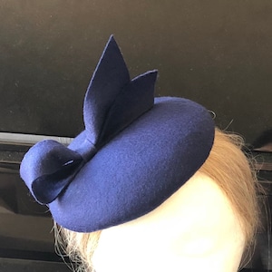 100% Merino Wool Fascinator Hat - Dark Blue Bow hat, pillbox hat, round wool fascinator