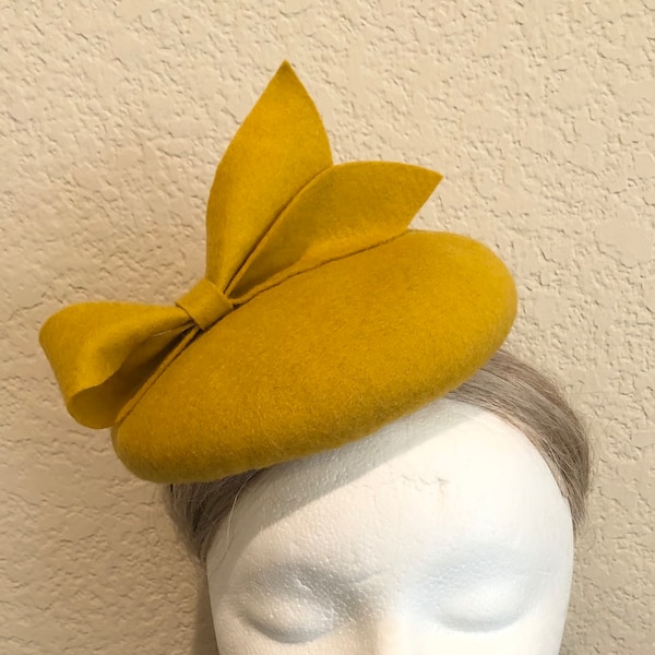 100% Merino Wool Fascinator Hat - Mustard Yellow Bow Hat, Pillbox Hat, Round Wool Fascinator