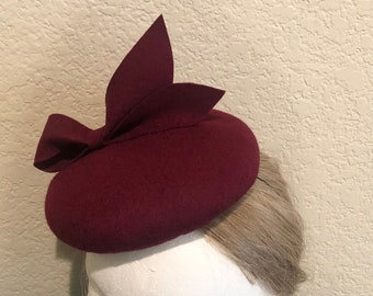 100% Merino Wool Fascinator Hat - Wine Dark Red Bow Hat, Pillbox Hat, Round Wool Fascinator