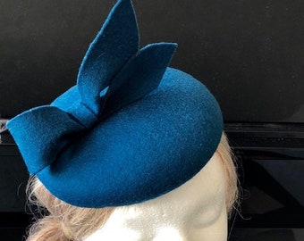 100% Merino Wool Fascinator Hat - Deep Peacock Blue Bow hat, pillbox hat, round wool fascinator