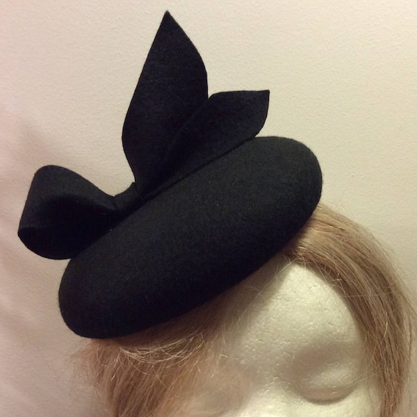 100% Merino Wool Fascinator Hat - Black Bow Hat, Pillbox Hat, Round Wool Fascinator