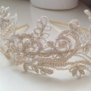 Kelly-Anastasia: Bridal Pearls Embroidered Champagne Gold Lace Metal Headband / Tiara / Wedding Head piece