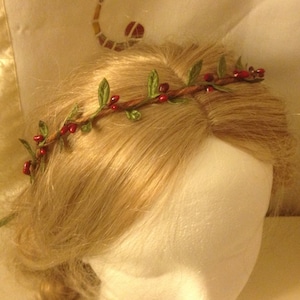 Christmas Angel: Rustic Red berry crown circlet Olive Sage Green satin Leaves Head Wreath Crown Tiara - Party - Flower Girls - bridesmaids