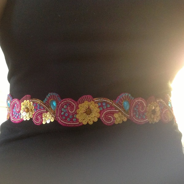 Last One - Bollywood Love Sash Headband: 3D Sequin / Jewel Flower Indian Embroidered Trim Hot Pink / Turquoise Blue / Golden Yellow