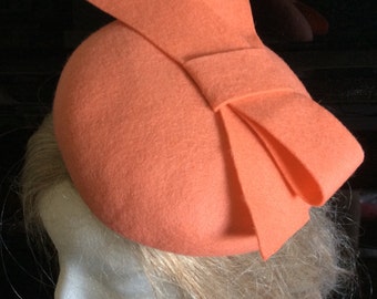 100% Merino Wool Fascinator Hat - Coral Pink Bow hat, pillbox hat, round wool fascinator