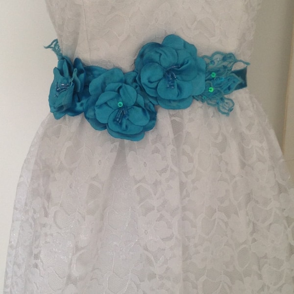 Varinia: Sash / Headband - Gorgeous Rich Turquoise BlueSatin Silk Tri-Flower Sash with glass beads