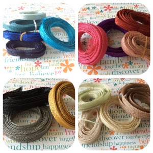 May include: Assortment of ten different colors of woven ribbon, including teal, pink, black, gold, beige, and brown. The ribbon is arranged in a collage of four images.