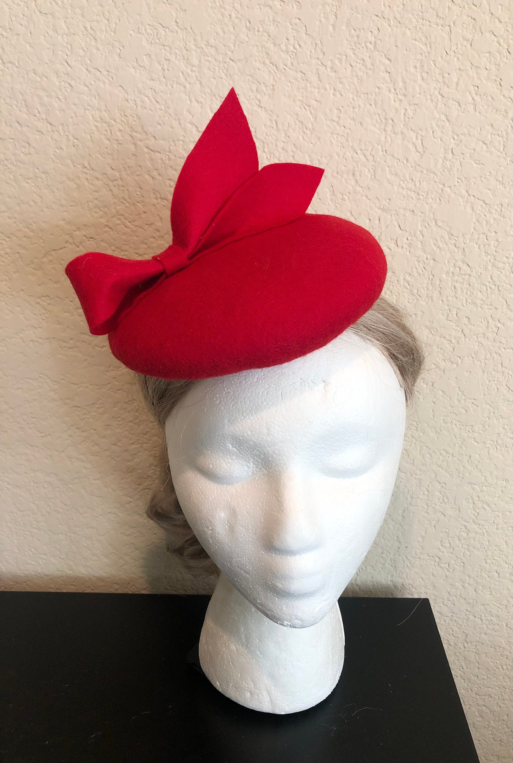 100% Merino Wool Fascinator Hat - Red Bow Hat, Pillbox Hat  display picture 2