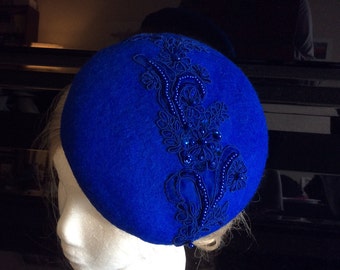 100% Merino Wool Fascinator Hat - Royal Blue lace hat, pillbox hat, round wool fascinator