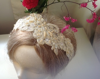 Annalise: SASH / HEADBAND Tiara - Embroidered Venetian Lace with Ivory Double-Faced Satin Ties for Bridal//Party/Casual