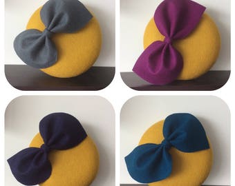 100% Merino Wool Fascinator Hat - Mustard Yellow Bow hat, pillbox hat, round wool fascinator