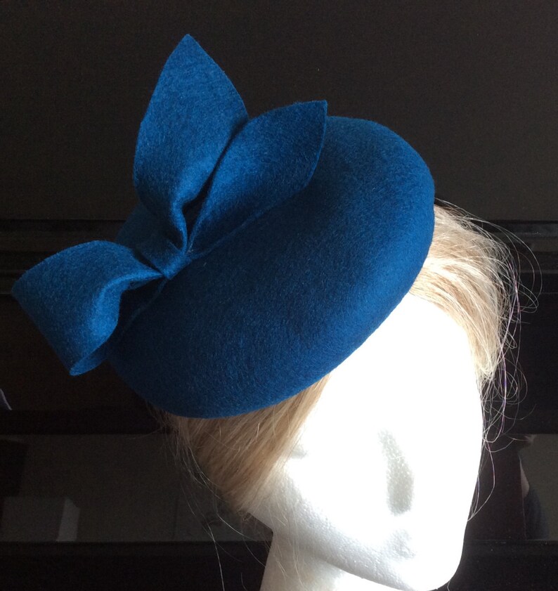 100 Merino Wool Fascinator Hat Deep Peacock Blue Bow Hat, Pillbox Hat