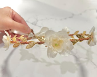 Floressence: Rustic ivory flowers gold satin Leaves Head Wreath Crown Tiara - Party - Flower Girls - bridesmaids