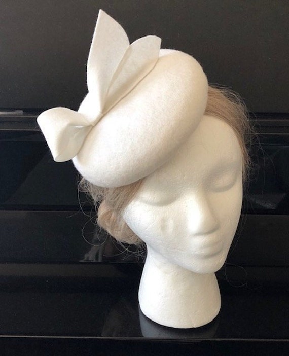 WHITE 100% Merino Wool Fascinator Hat - White Bow Hat  display picture 2