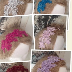 May include: A set of six hair combs with delicate lace and pearl embellishments. The combs are available in white, blue, pink, purple, red, and burgundy.