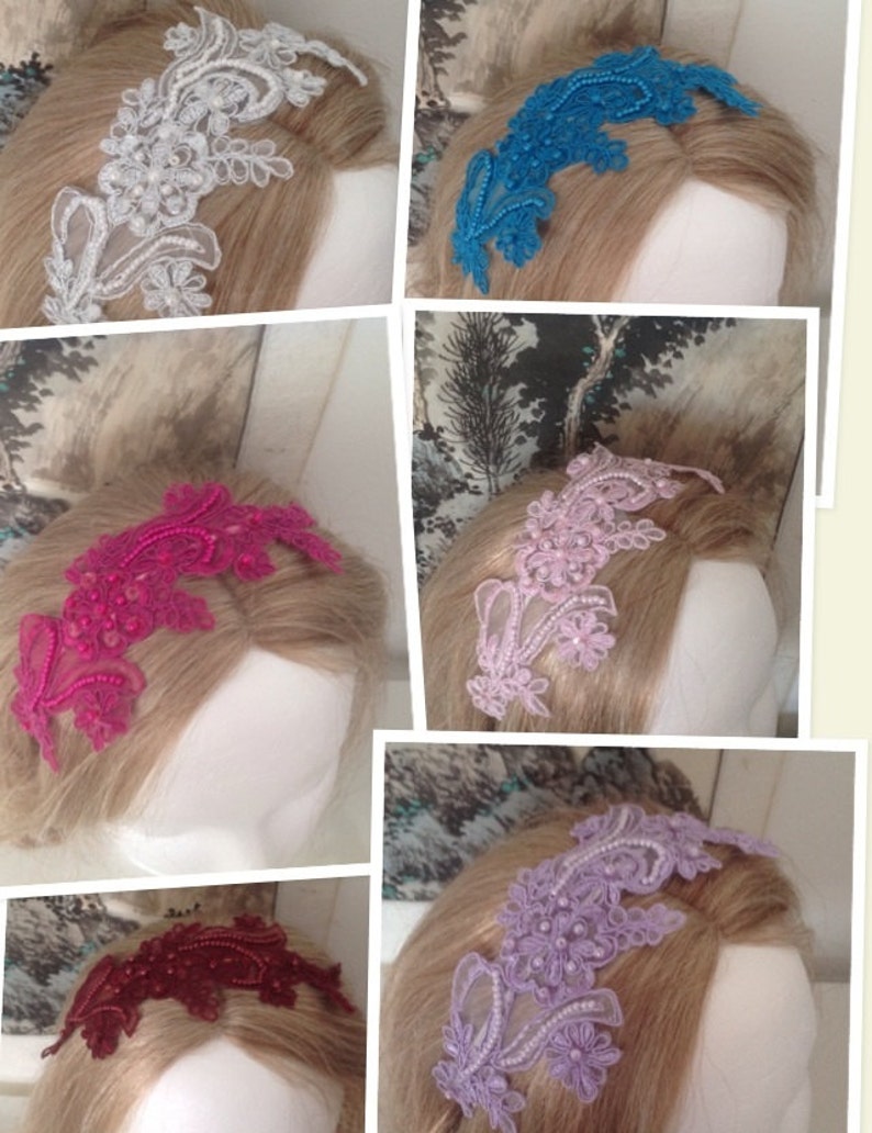 May include: A set of six hair combs with delicate lace and pearl embellishments. The combs are available in white, blue, pink, purple, red, and burgundy.