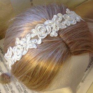 Bella: Bridal SASH / HEADBAND -Soft White Lace - Embroidered Pearl & Sequin with Ivory Satin ties