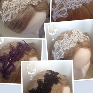 May include: Four different lace headbands in various colors, including white, ivory, black, and purple. Each headband features a delicate floral design with pearl accents.