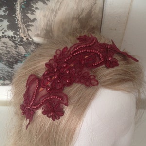 Dark Red Burgundy Wine Embroidered Pearl Lace Metal Headband - bridesmaids -  mothers of the brides - party - vacation - celebration