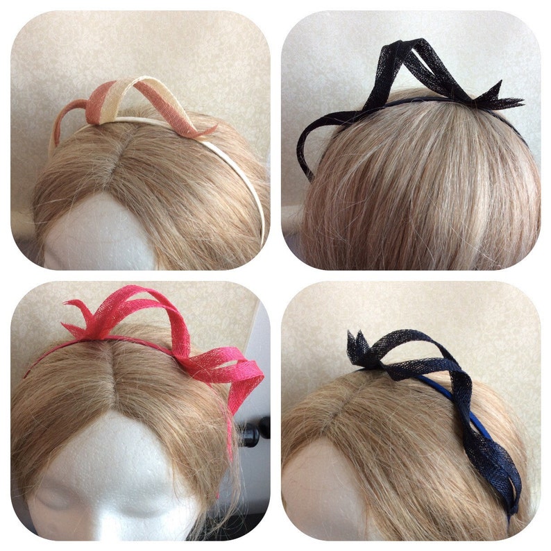May include: Four headbands made of fabric and wire. The headbands are in different colors: pink, red, black, and cream. The headbands are on mannequins with blonde hair.