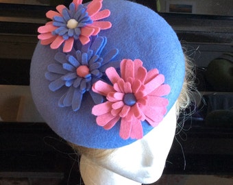 Wool Fascinator Hat - Periwinkle pink daisy flowers hat, pillbox hat, round wool fascinator