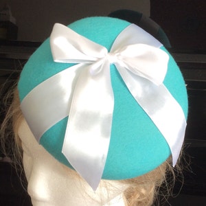 100% Merino Wool Fascinator Hat - Robin&#39;s Egg Blue white satin bow hat, pillbox hat, round wool fascinator