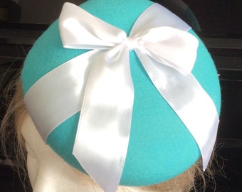 100% Merino Wool Fascinator Hat - Robin's Egg Blue white satin bow hat, pillbox hat, round wool fascinator
