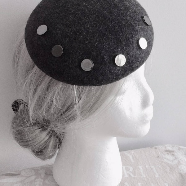 100% Merino Wool Fascinator Hat - Heather Black gunmetal button hat, pillbox hat, round wool fascinator