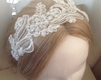 Ina: Bridal Pearl Soft White Ivory Lace Metal Headband