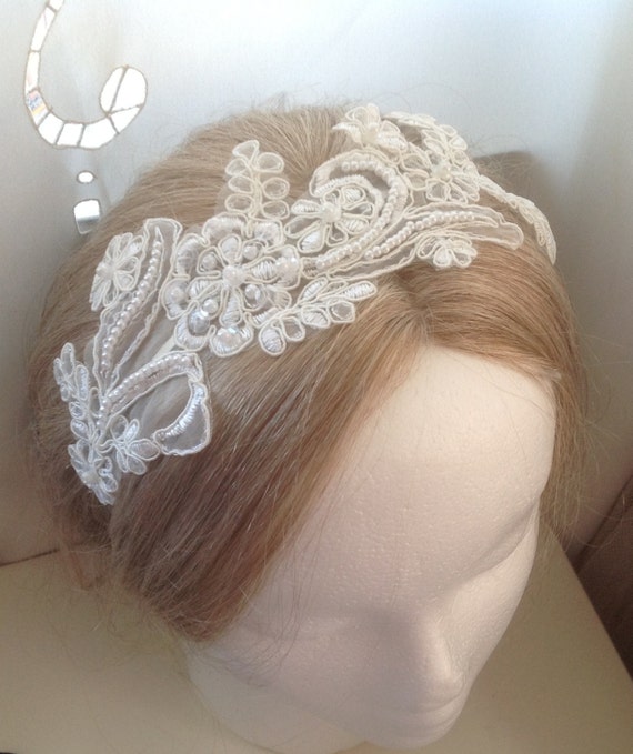 Ina: Bridal Pearl Soft White Ivory Lace Metal Headband
