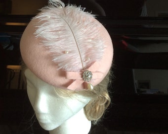 100% Merino Wool Fascinator Hat - Blush soft powder pink feather brooch hat, pillbox hat, round wool fascinator