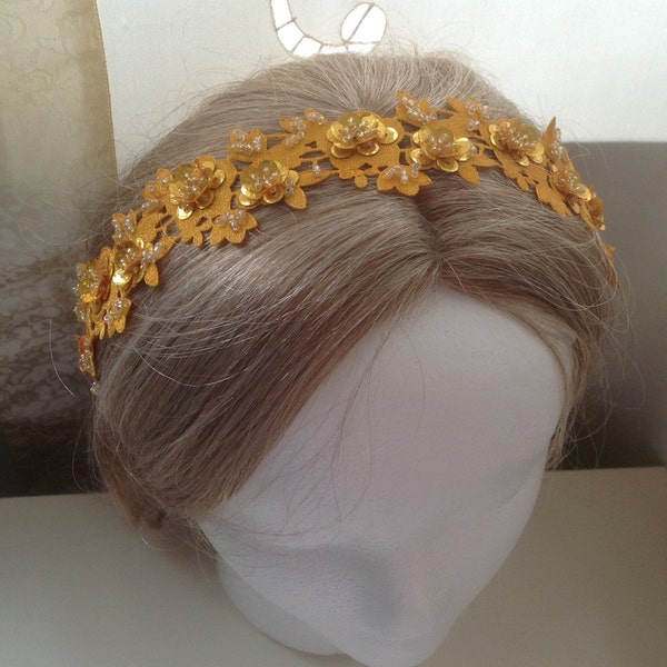 50% OFF Sale - Sash / Headband : halo style golden yellow and tiny clear bead embroidered sequin flowers with satin ties