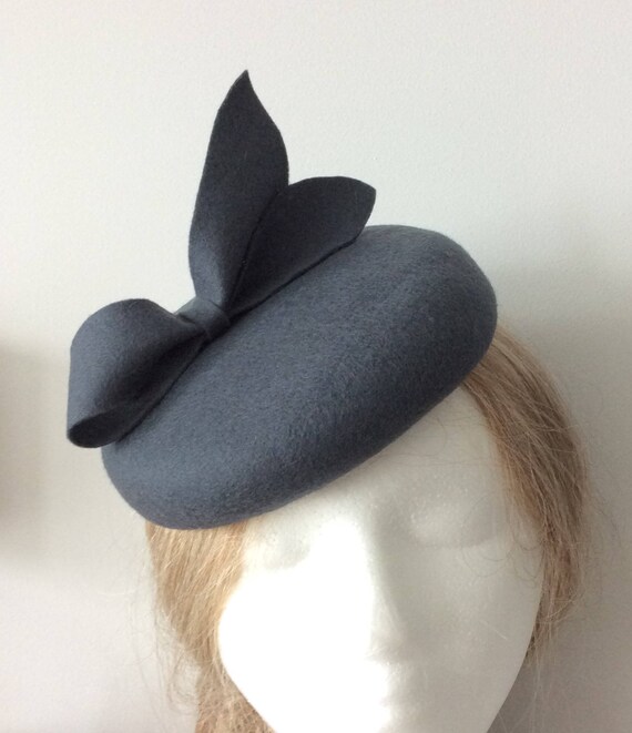 pillbox hat round wool fascinator Charcoal Gray Bow hat 100/% Merino Wool Fascinator Hat