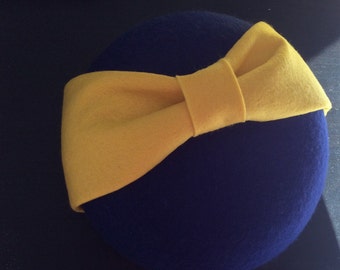 100% Merino Wool Fascinator Hat - Dark Blue and Yellow Bow hat, pillbox hat, round wool fascinator