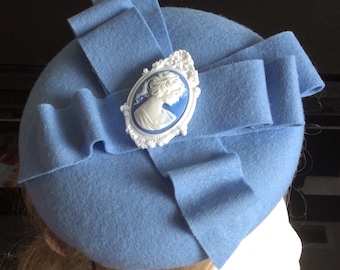 100% Merino Wool Fascinator Hat - Cameo French Blue Ruffle Bow brooch ribbon loop hat, pillbox hat, round wool fascinator