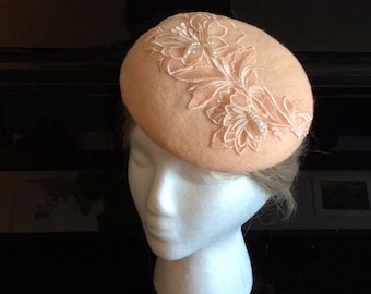 100% Merino Wool Fascinator Hat - Peach lace hat, pillbox hat, round wool fascinator