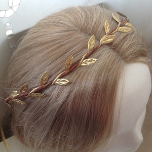 May include: A gold leaf crown with brown wire, worn on a blonde wig.