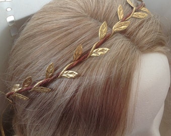 Goddess 1: Rustic Woodland gold satin Leaves Head Wreath Crown Tiara - Party - Flower Girls - bridesmaids