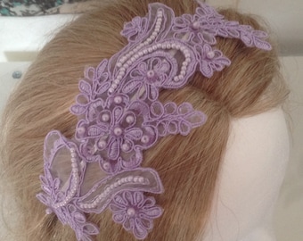 Lavendel lila gestickte Perle Spitze Metall Haarband - Braut - Brautjungfern - Party - Urlaub - Feier