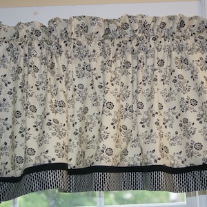 Black Floral Valance 17x44 – Beige & Tan Toile Curtain Topper | Handmade Rod Pocket | Custom Window Treatment Drapes Home Décor Custom Jobs