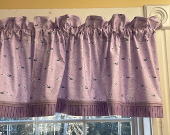 Lavender Bird Valance with Cranes – 17&quot; x 44&quot; Purple White Curtain – Window Topper – Custom Handmade Drapery Drapes Home Décor Custom