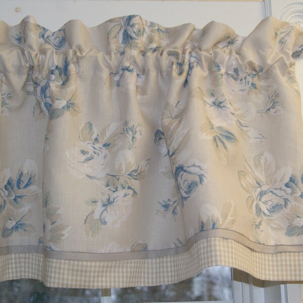 Rose Tan Beige Floral Slate Blue Toile Valance 17 X 54 Drapery Weight Curtain Window Treatment Dressing Drapes Home Décor Decor