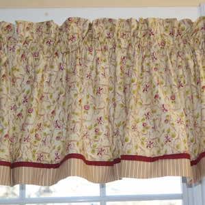 Gold Cranberry Red Green Floral Valance – La Vie Est Belle Beige 17x44 Curtain – Custom Handmade Window Treatment Custom Jobs