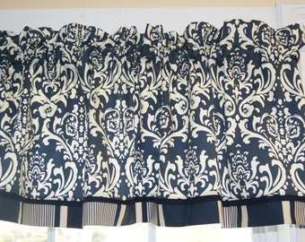 Navy Blue Cream Valance – Damask Scroll 17x55 Curtain – Elegant Window Treatment – Custom Drapery Topper Custom Jobs