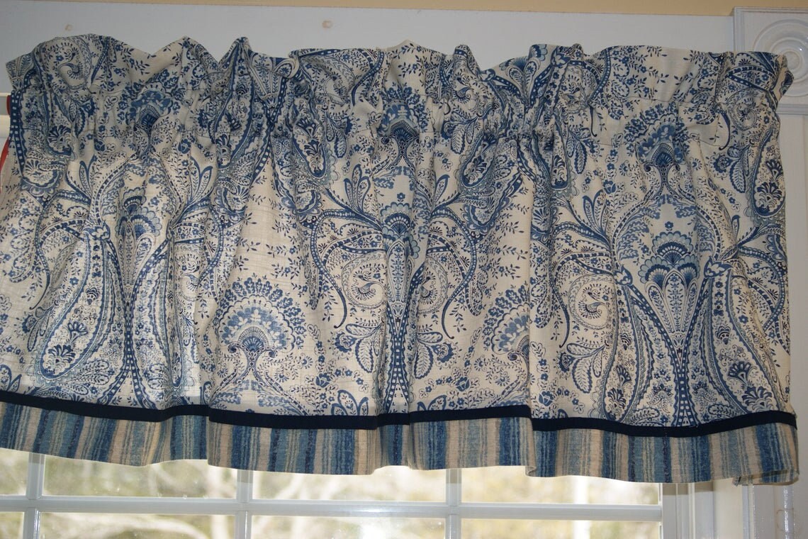 Blue Paisley Valance 17x55 – Mill Creek Cream Drapery Topper – Custom Rod Pocket Curtain – Elegant Window Treatment Custom Jobs