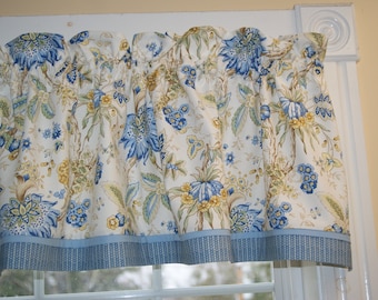 Blue Gold Jacobean Valance – 17&quot;x54&quot; Bloomcraft Curtain Topper | Yellow Floral Window Treatment | Rod Pocket | Custom Handmade Drapes Décor