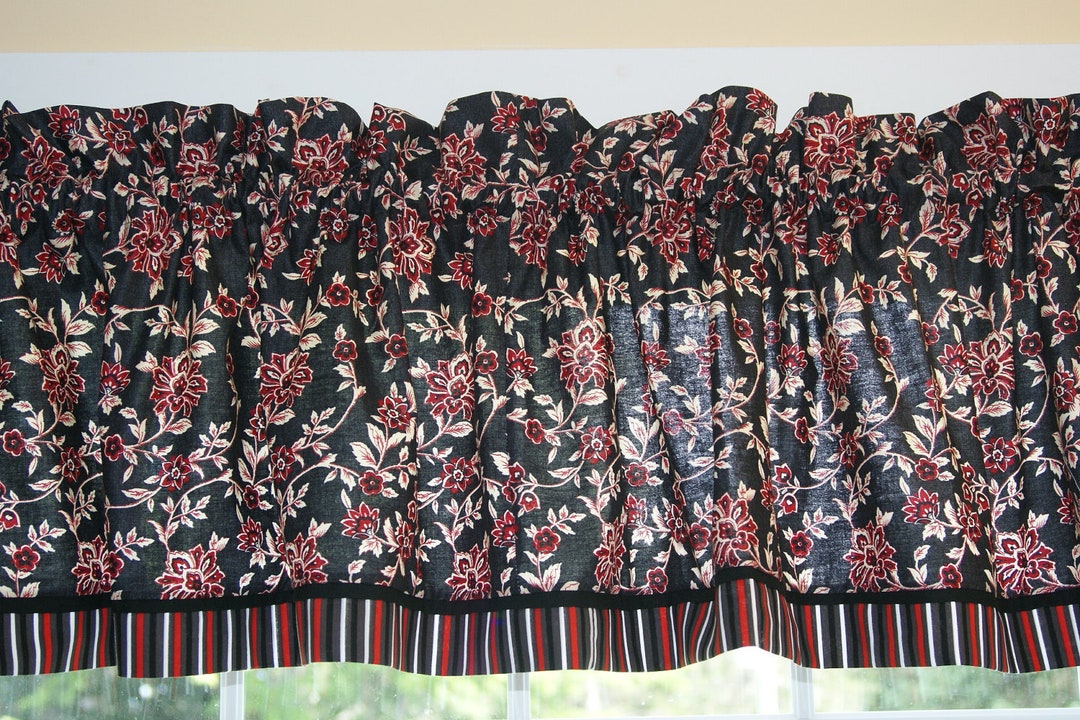 Black Red Cream Floral Toile Valance 17 X 81 Can Alter Curtain Window ...