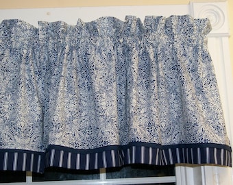 Waverly Navy Blue & White Geometric Valance 17"x44" Window Curtain Topper with Blue Stripe Trim, Farmhouse Livingroom Kitchen Bathroom Decor